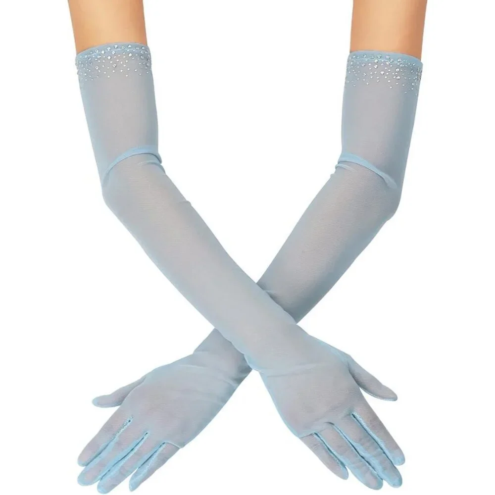 Women's Sexy Pearl Beaded Dusty Blue Long Gloves Tulle Mesh Wedding Party Prom